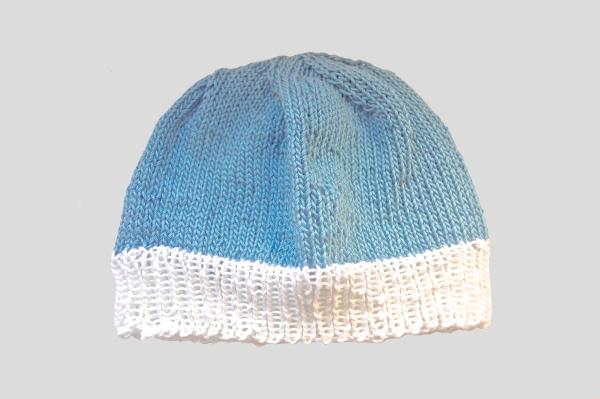 Cute hand knitted baby hat in light blue and white with a  head circumference 34 - 36 cm 13,39 - 14,17 inch