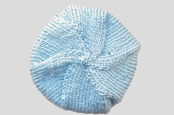 Cute hand knitted baby hat in light blue and white with a  head circumference 34 - 36 cm 13,39 - 14,17 inch